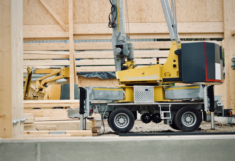 Close-up view of heavy machinery at a construction site with wooden framework.