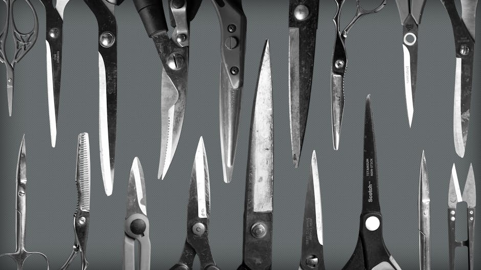 Flat lay of various scissors and cutting tools with stainless steel blades on a textured surface.