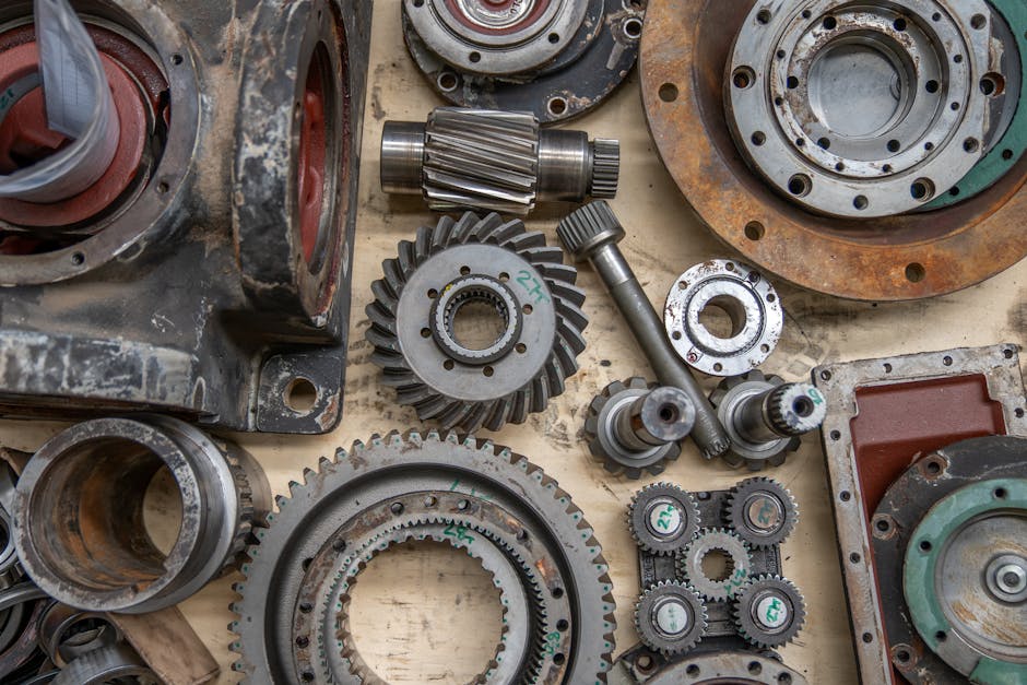 Detailed shot of industrial gears and mechanical parts in a workshop setting.