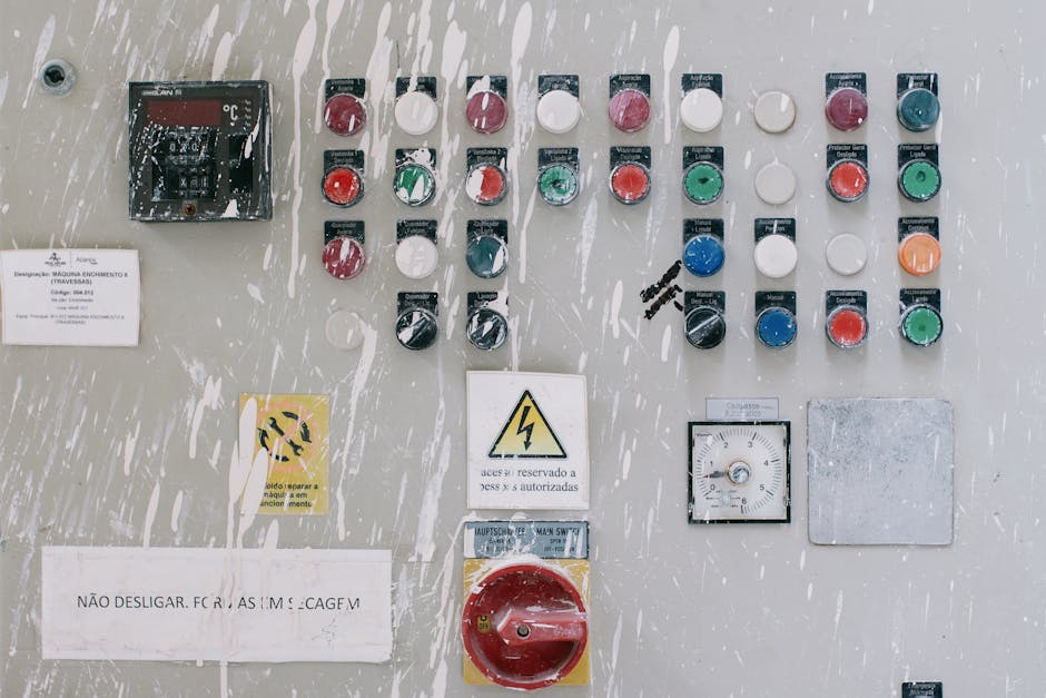 Close-up of an industrial control panel with colorful warning buttons and switches.